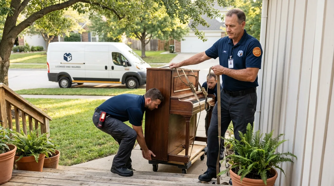Licensed piano movers securing grand piano in Frazee, MN