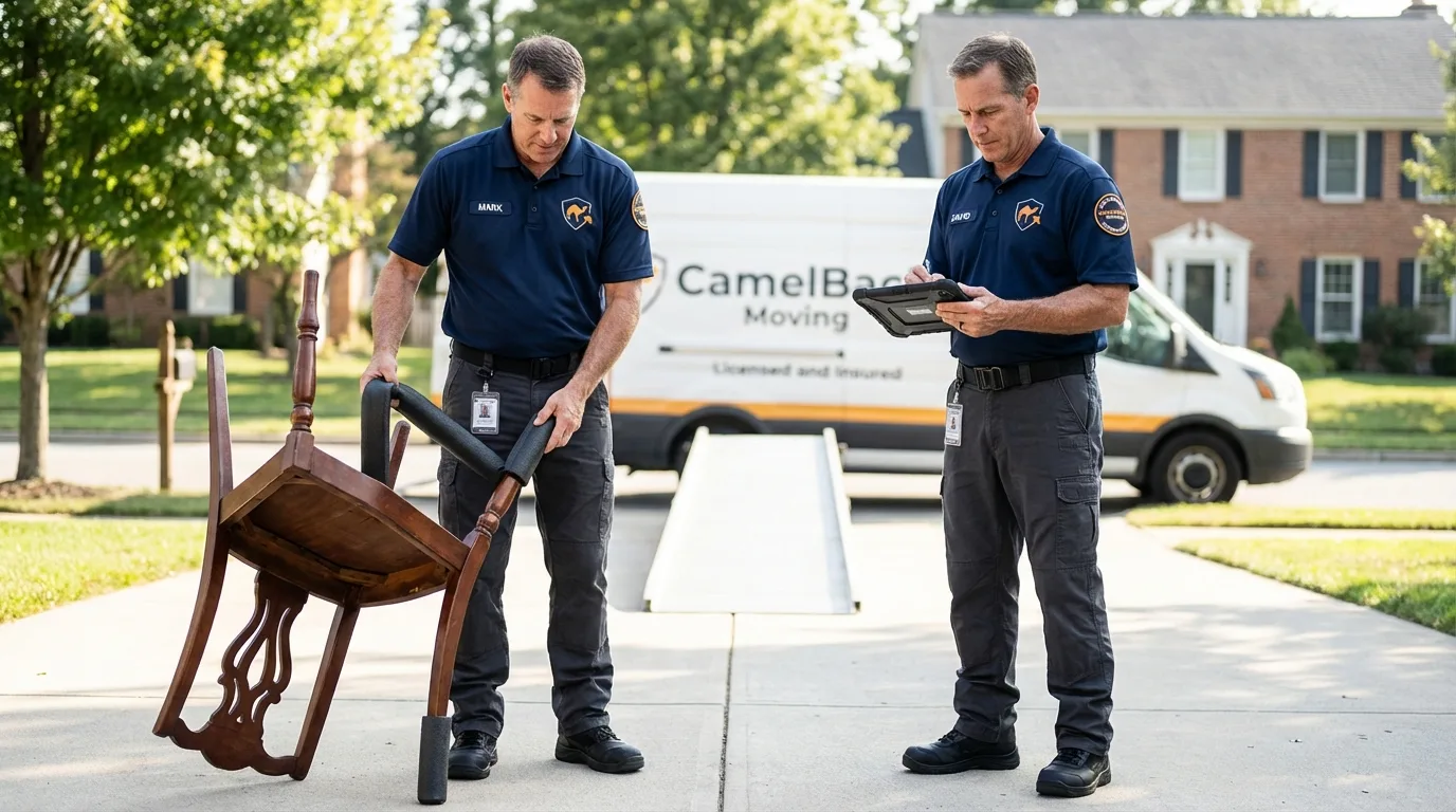 Movers inspecting furniture for damage prevention before loading in Frazee, MN