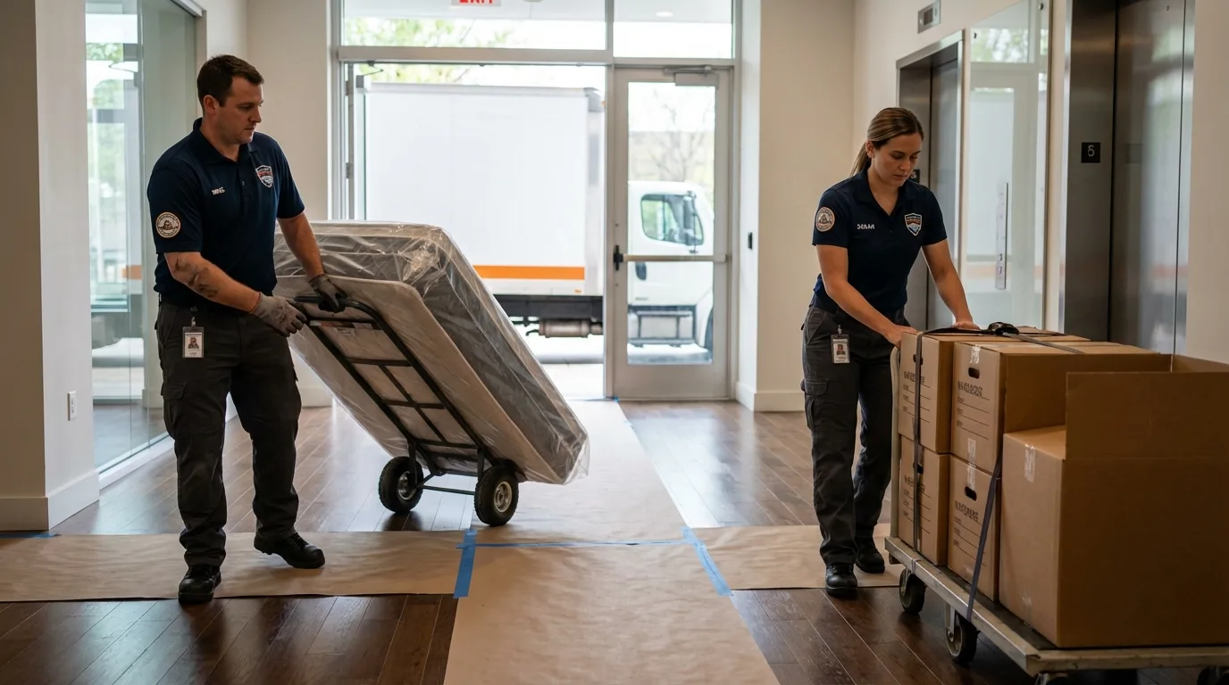 Professional apartment movers loading elevator in Frazee, MN