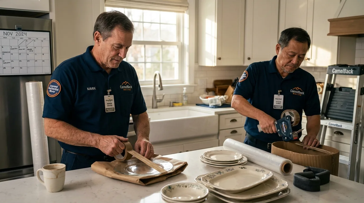 Professional crew packing kitchen dishware in Frazee, MN